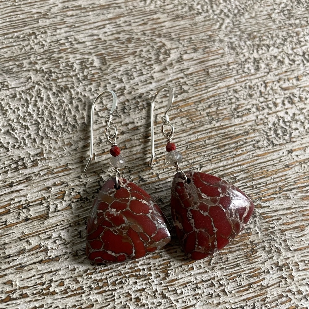 Dinosaur jasper natural gemstone triangle earrings